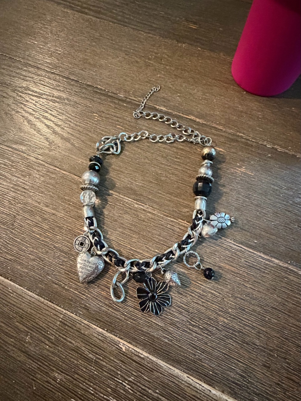Chunky silver and black Charmed I'm sure  heart verse  Luke 10:27 necklace 21” - Picture 13 of 16